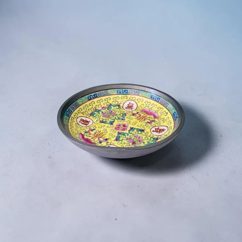 Vintage ACF Pewter Encased Porcelain Bowl Yellow Famille Rose Hong Kong 8 Inch